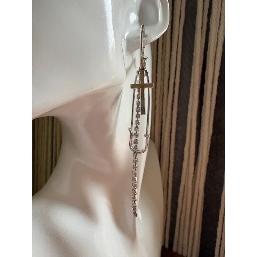 Cross Pin Tassel Drop Earrings